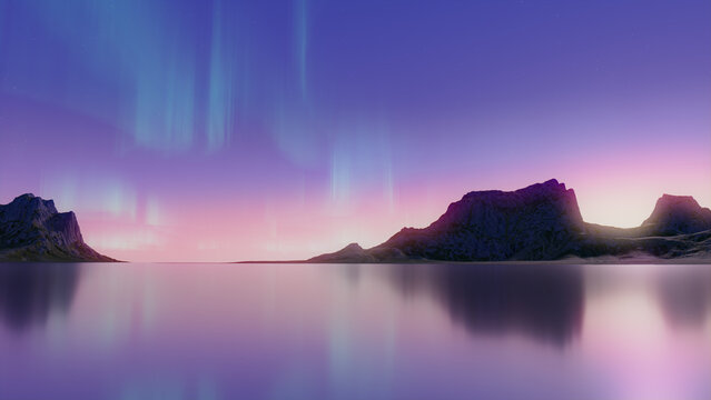 Rocky Landscape with Aurora Sky. Blue Sky Wallpaper with copy-space.