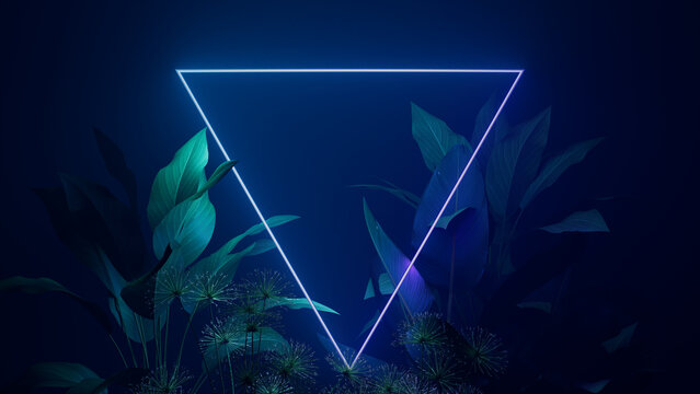 Cyber Background Design. Tropical Plants with Purple and Green, Triangle shaped Neon Frame.