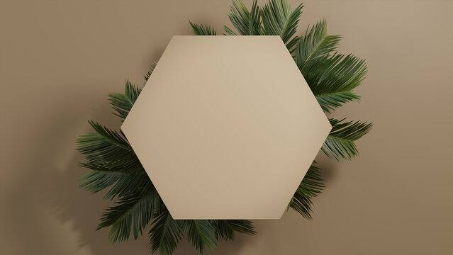 Hexagon Botanical Frame with Palm Plant Border. Beige, Natural Design for Product Display.