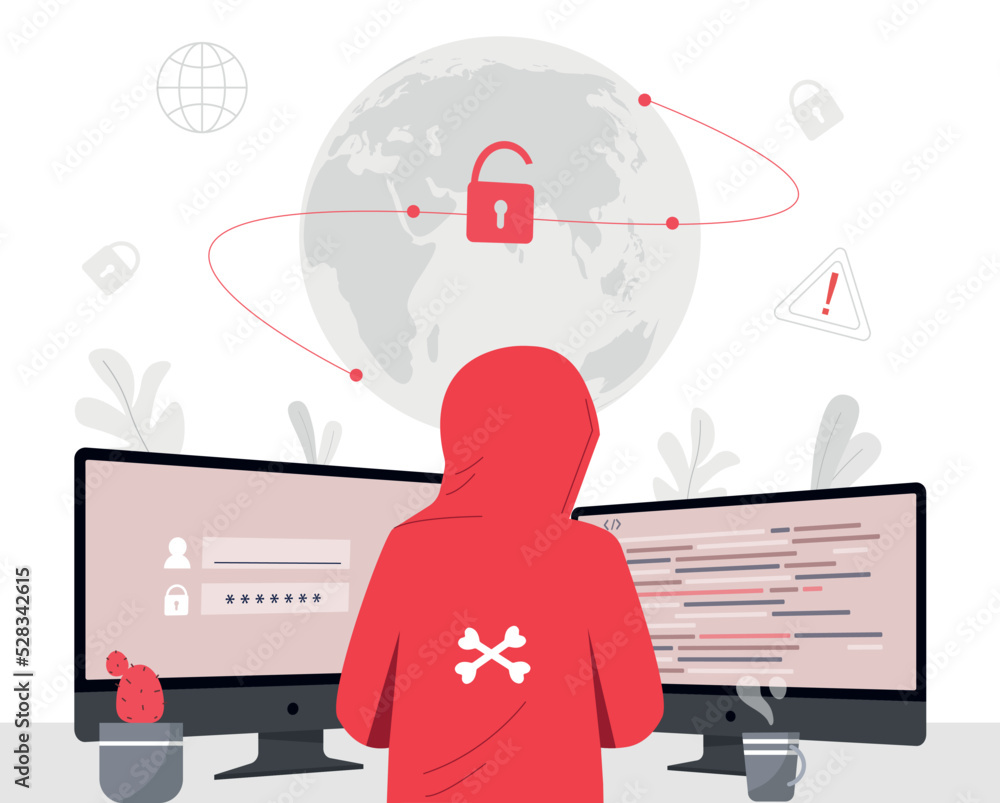Poster cyber attack concept. hacker at computer bypasses security system, steals money and personal data. h
