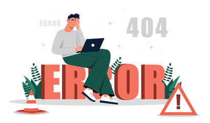 Error 404 banner. Technical work on website or webpage, incorrectly entered link and error in code. Man with laptop sits on big numbers. Page or file not found. Cartoon flat vector illustration