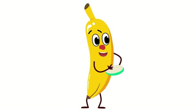 A happily bouncing banana with an instrument on his hand