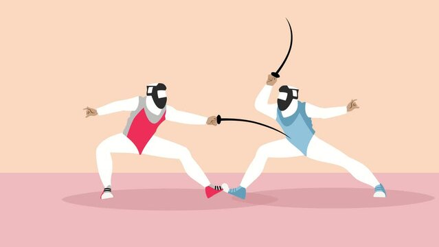 Two fencing players one in red another in blue
