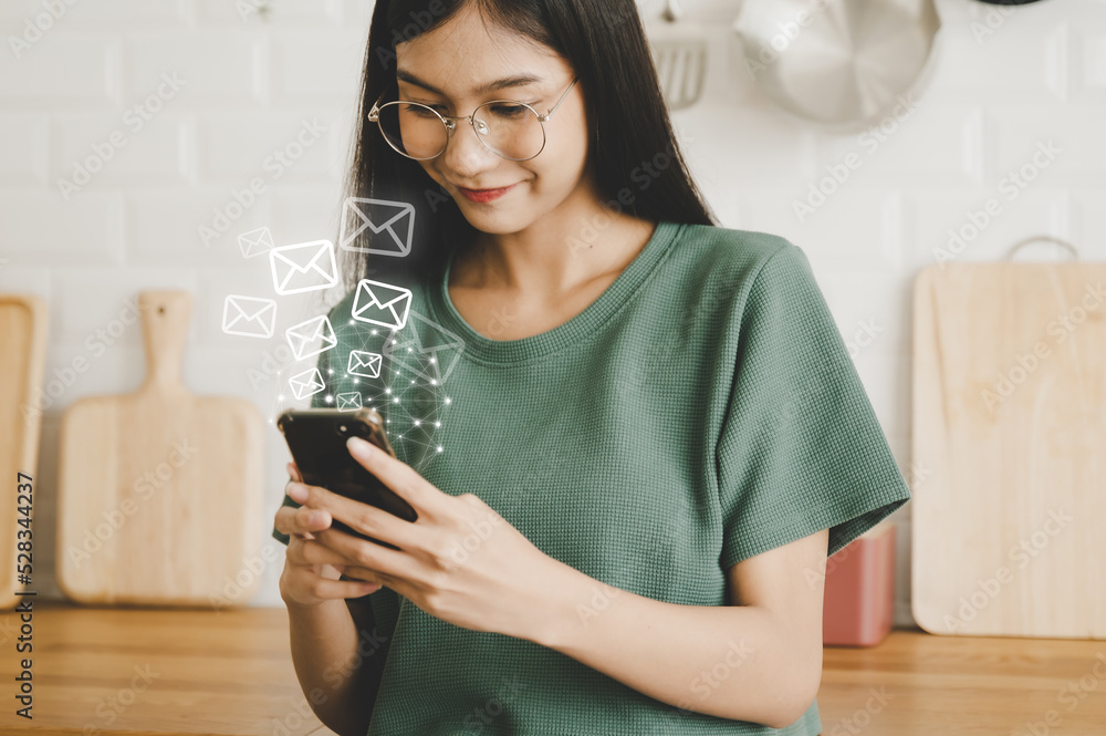 Poster email marketing and newsletter concept. woman using mobile smartphone and sending online message wit