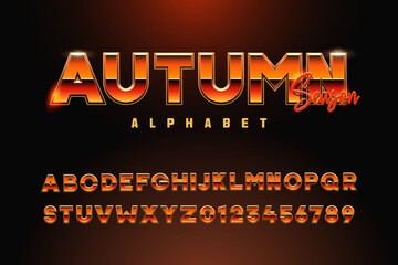 Autumn alphabet typeface. Vector retro font. Modern typography brown, red and orange. Metallic chrome effect with color gradient. Seasonal autumn, night club, music or other retro, modern or futuristi