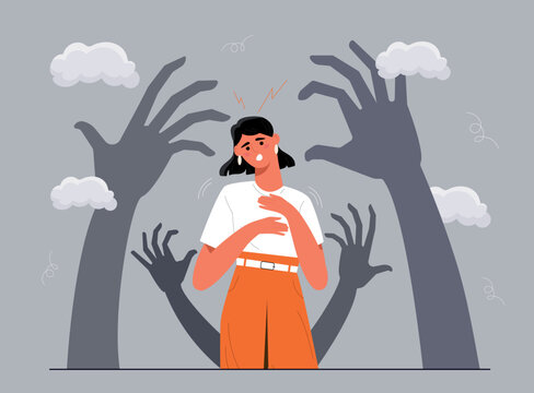 Inner fears concept. Frightened woman stands at background of large shadows of hands. Psychology and mental health. Fears and phobias. Paranoia and schizophrenia. Cartoon flat vector illustration