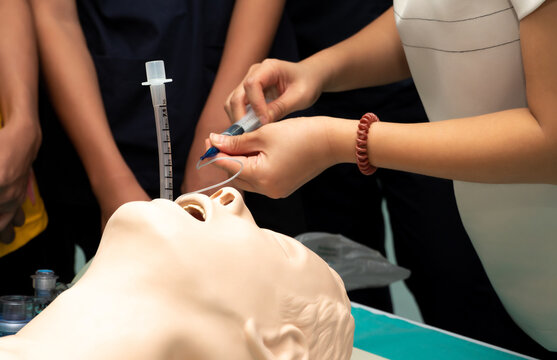 Endotracheal Intubation Of A Reanimation Training Doll. Mannequin Dummy During Medical Training To Control Of The Airway.coronavirus Infection Concept.