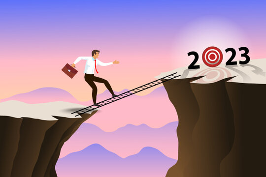 Businessman Walking On Ladder With Suitcase To Target In 2023. Business Man Walking On Tightrope Gap. Financial Crisis Covid 19 On 2022. Risk Management Challenge. Illustration