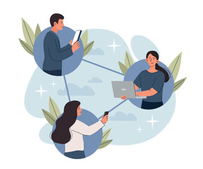 Connected people concept. Men and women with laptops and smartphones communicate in social media and messengers. Modern technologies and digital world, wireless net. Cartoon flat vector illustration