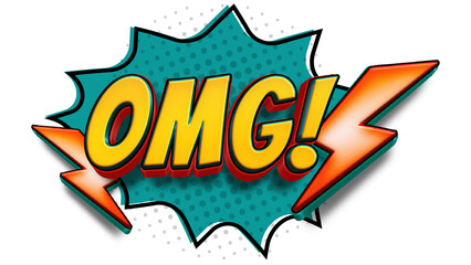 omg! cartoon comic 3d text speech bubble with blue explosion and flash icon
