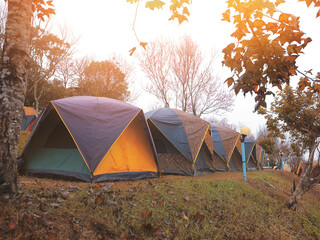 Row of tents for camping in autumn or winter season