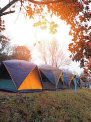 Row of tents for camping in autumn or winter season