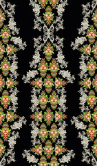 digital textile design and botanical and geometric motifs and paisley.