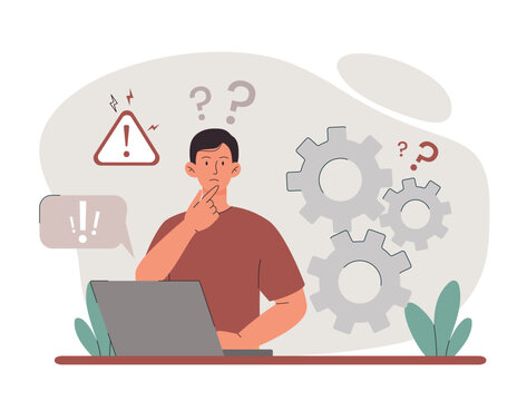 Network problem concept. Man sits thoughtfully in front of laptop. IT specialist or programmer fixes bugs. Technical problems with Internet. Poster or banner. Cartoon flat vector illustration