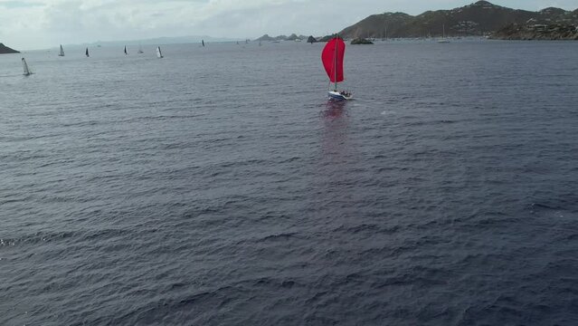 Drone Video Footage of Saint Barthelemy, Gustavia Regatta Sailboats racing in the sea with clear skies