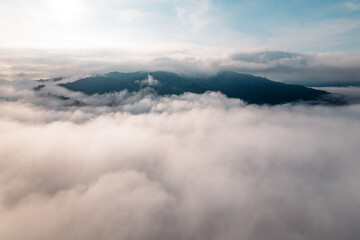 Fog in the mountains at sunrise. Morning fog in the mountains