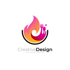Fire logo and cutlery design combination, barbecue logo