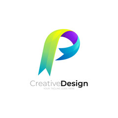 P logo. Letter P logo with ribbon, 3d colorful design
