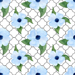 Watercolor hand drawn illustration of abstract blue flowers seamless leaf pattern. Floral natural decorative background for fabric, textile design.
