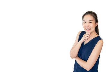 Portrait of a smiling asian business woman deep thinking creative person arm on chin looking at camera confidently on isolated white background.. with copy space