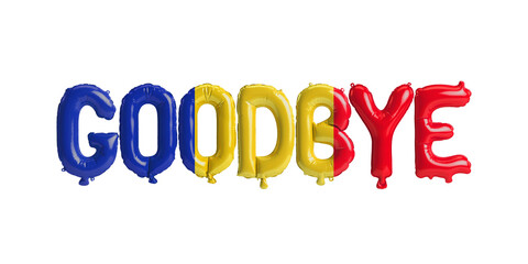 3d illustration of goodbye letter balloon in Romania flag isolated on white background