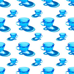 Bright seamless pattern made with blue glass of water with sharp strong shadow isolated on white, as a backdrop or texture. Creative layout for your design