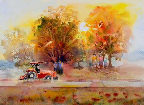 Farmer farm tractor with families and sun yellow trees, watercolor landscape.