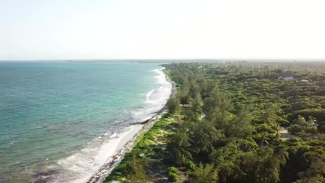 Relaxing sunny day at Watamu, Kenya. Coastal landscape, seaside with tropical beach - drone shot