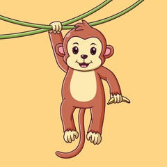 Cute Monkey Cartoon Hanging on the Branch. Monkey Icon Concept. Flat Cartoon Style. Suitable for Web Landing Page, Banner, Flyer, Sticker, Card