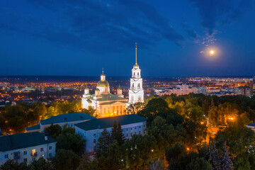 Naklejka premium Aerial view of Penza town and Spassky cathedral on summer night. Penza Oblast, Russia.