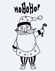 Old man Santa Claus with caramel striped stick. Cartoon Father Christmas. New Years fairy tale character. Vector illustration. Decorative hand drawing, doodle.