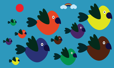 vector image of parrots in different colors flying in the sky