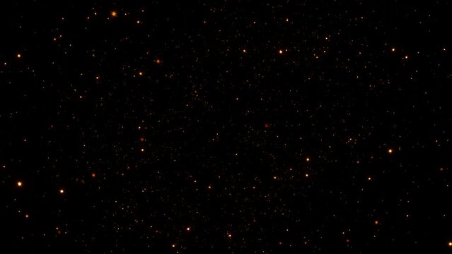 4K 3D seamless loop of glowing flicker orange red particles stars animation on black background flow to front.Graphic motion for screen overlay.Effect loop with galaxy sky particles twinkling light in