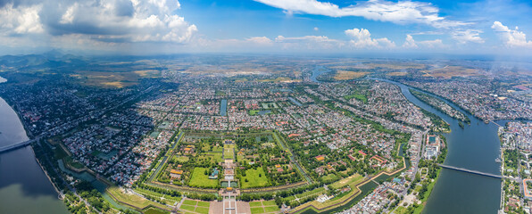Aerial view of Hue Citadel and view of Hue city, Vietnam. Emperor palace complex, Hue Province, Vietnam