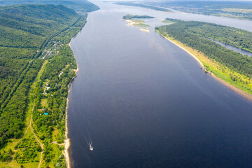 Drone view of Zhiguli mountains and Volga river on sunny summer day. Zhiguli Nature Reserve, Samara Oblast, Russia.