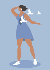 vector illustration in a flat style on the theme of mental health, psychotherapy. a woman has white birds flying out of her chest