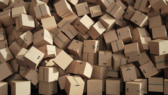 Paper parcel boxes drop falling on ground with background bokeh. 3D animation. Business ecommerce concept idea. selective focus.