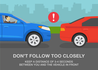 Safe driving tips and traffic regulation rules. Blue suv following a red sedan car too closely. Keep a safe distance on roads. Flat vector illustration template.