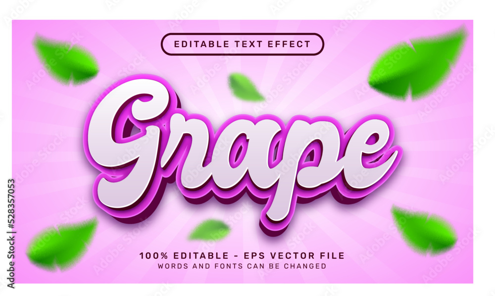 Poster grape 3d text effect and editable text effect with leaf illustration