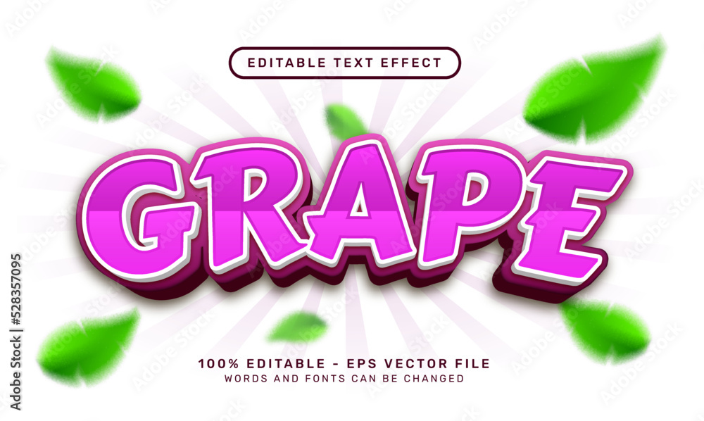 Poster grape 3d text effect and editable text effect with leaf illustration