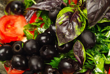 Natural vegan background with fresh vegetables and herbs