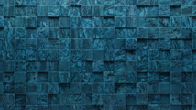 Blue Patina, 3D Mosaic Tiles arranged in the shape of a wall. Glazed, Textured, Blocks stacked to create a Square block background. 3D Render