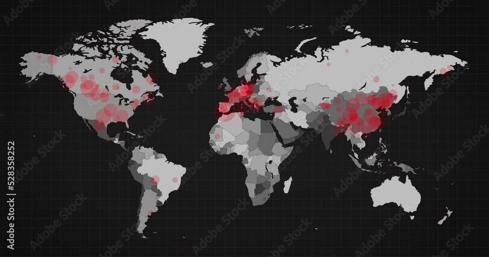 Poster animation of the world map and countries turning red through circles in a dark background