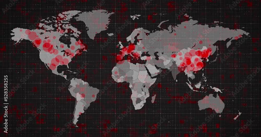 Poster animation of the world map and countries turning red through circles in a dark background