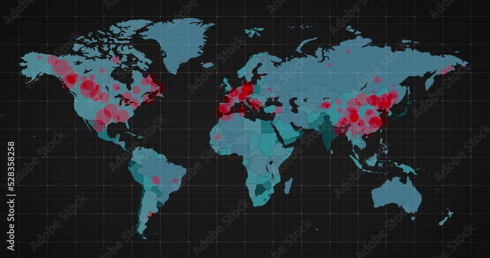 Poster animation of the world map and countries turning red through circles in a dark background