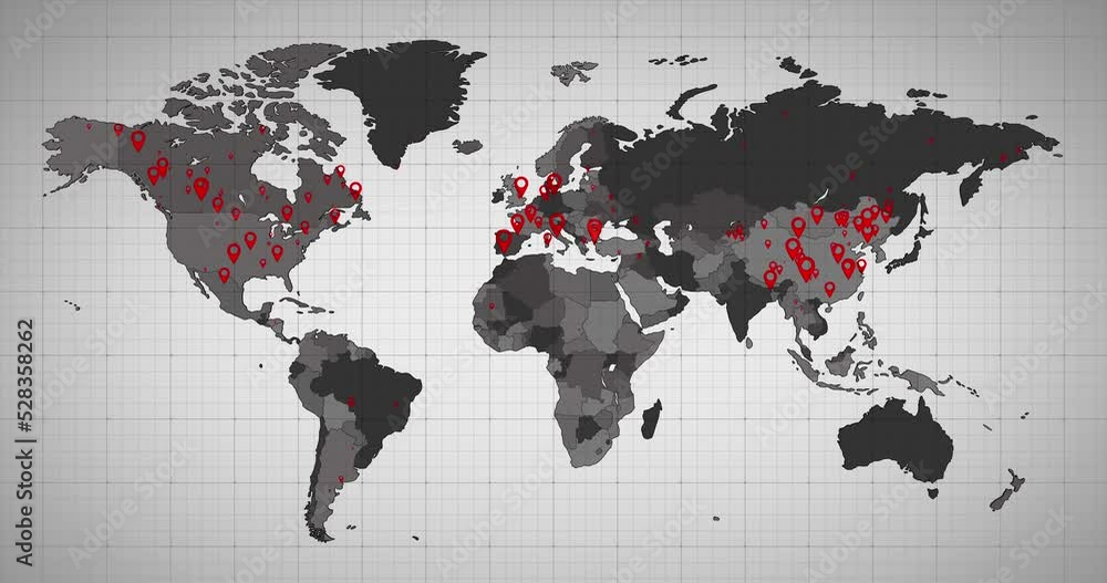 Poster animation of the world map and countries turning red through circles in a white background
