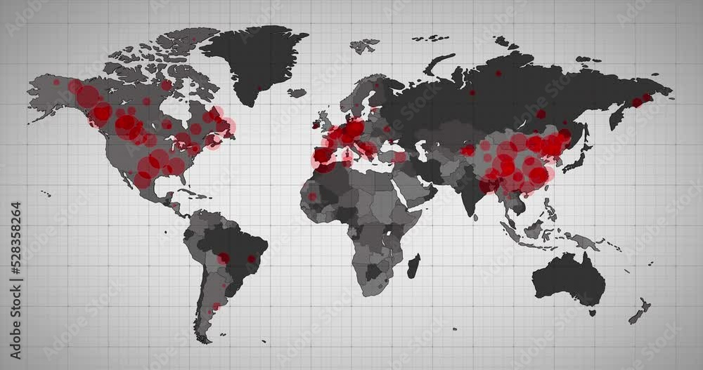 Poster animation of the world map and countries turning red through circles in a white background