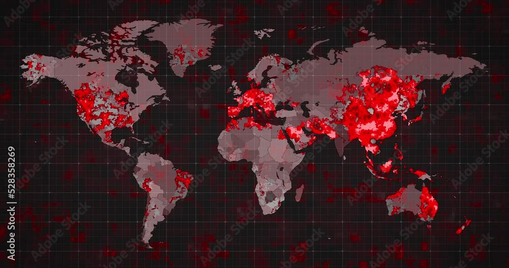 Poster animation of the world map and countries turning red through circles in a dark background