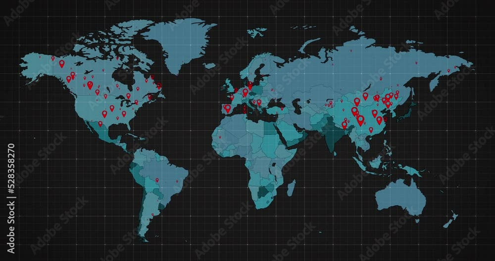 Poster animation of the world map and countries turning red through circles in a dark background