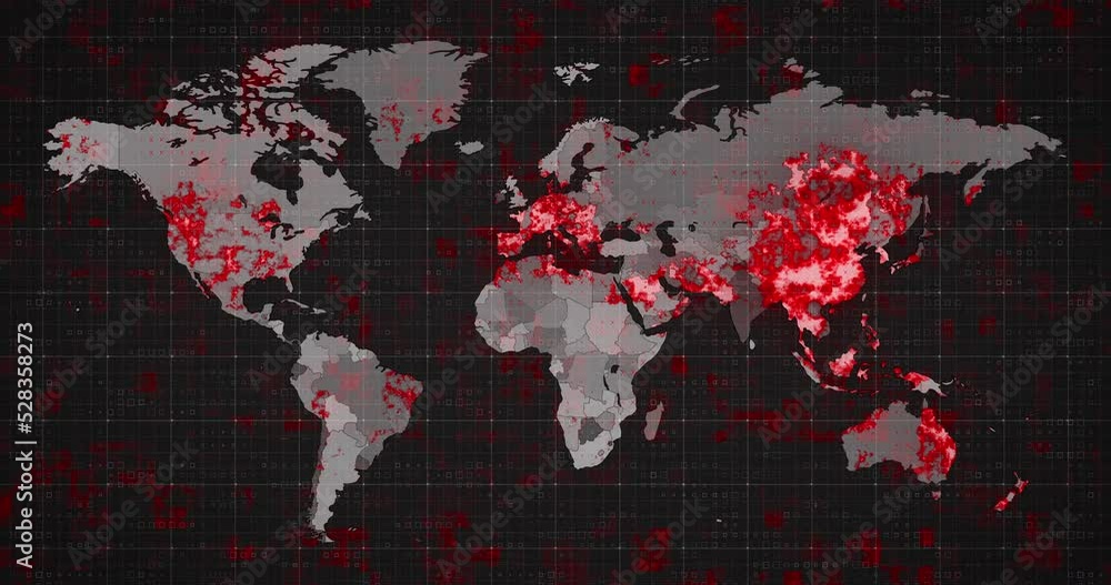 Poster animation of the world map and countries turning red through circles in a dark background